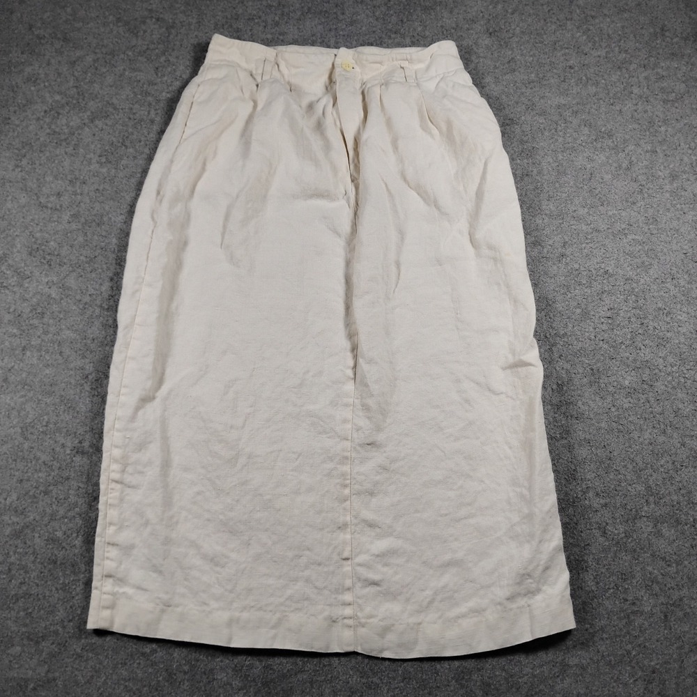 Vintage ILGWU 100% Tissue Linen Midi Skirt Cream High Rise Pleated Size 12
